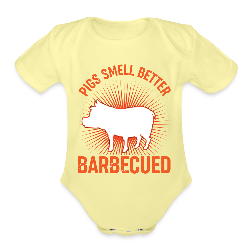 Pigs Smell Better Organic Short Sleeve Baby Bodysuit - washed yellow